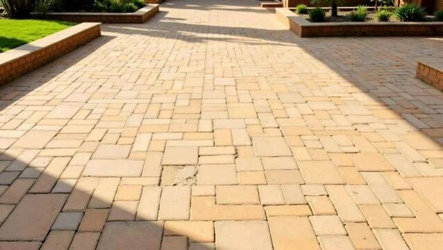 Paving stones create a walkway to a garden in this landscape architectural design during a sunny afternoon.