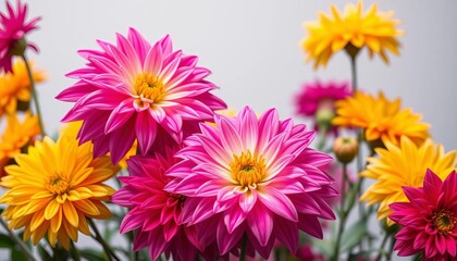 Fototapeta premium Vibrant dahlia blooms in a bright studio setting, dahlia petals, background