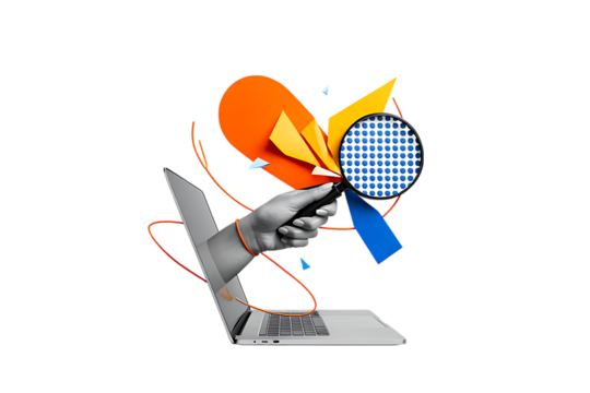 Hand holding magnifying glass over abstract shapes emerging from laptop isolated on a transparent background