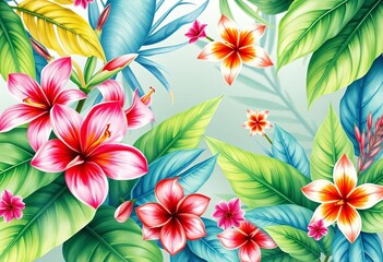 Vibrant watercolor exotic blooms & lush foliage, tropical leaves background, image, art