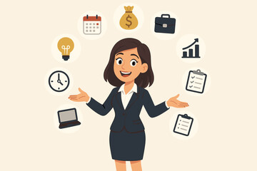 Businesswoman multitasking office work management. Cartoon female manager juggling business icons: finance, schedule, ideas, productivity, laptop, time, documents. Vector illustration concept