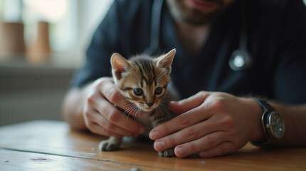 Veterinarian examining tabby kitten with gentle hands on wooden table  
