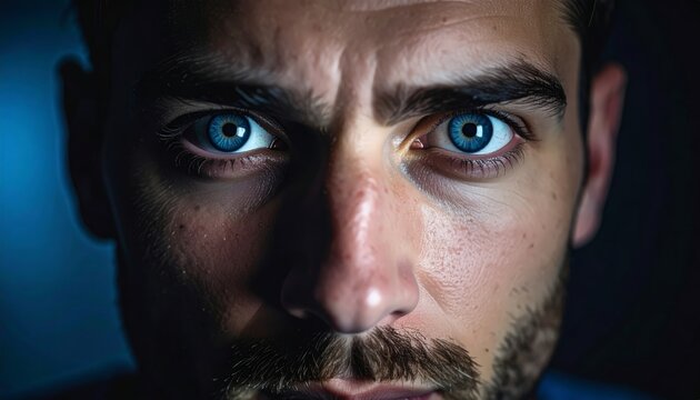 Man shows tense fear face