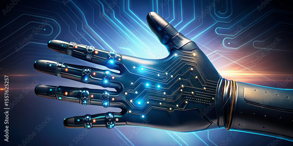 Poster a metallic robotic hand with illuminated circuitry is displayed against a dynamic backdrop, highligh