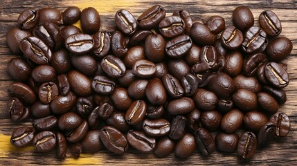 Roasted Coffee Beans on Rustic Wood Background Closeup
