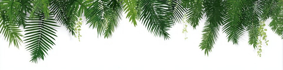Lush Green Tropical Leaves Border on White Background