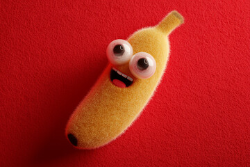 Fuzzy Anthropomorphic Banana with Cartoon Eyes on Bright Red Background