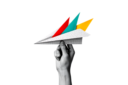 Hand holding paper airplane with colorful paper inserts isolated on a transparent background origami