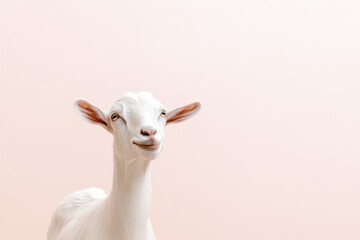 Charming white goat against soft pastel background with curious expression