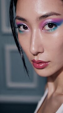 Close up of japanese asian woman face portrait model displays stunning pastel bright colored makeup with bold graphic eyeliner in a stylish setting