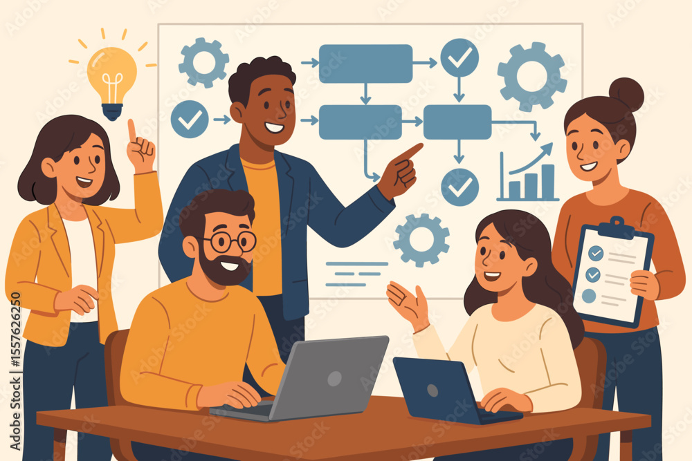 Poster diverse business team collaborating on workflow optimization, project management, brainstorming idea