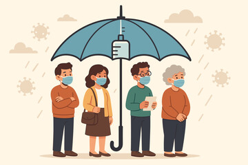 Diverse people wearing face masks waiting in line for COVID-19 vaccine, protected by large umbrella shaped like syringe, virus prevention, vaccination campaign, healthcare safety vector illustration