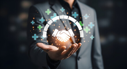 Businessman Holding Handshake Icon with Customer Satisfaction Meter for Trust and Partnership Concept