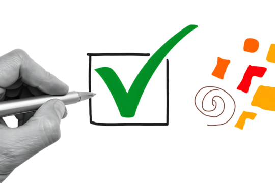 Hand holding pen marking green checkmark in box with colorful abstract shapes isolated on a transparent background