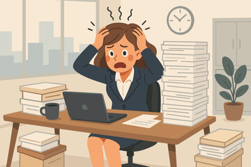 Overwhelmed businesswoman stressed at office desk with paperwork, deadline pressure, burnout, anxiety, multitasking, corporate stress, cartoon vector illustration, modern workplace concept