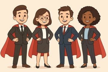 Diverse business team cartoon illustration. Young professional men and women in suits with red superhero capes. Leadership, teamwork, empowerment, corporate success, motivation, unity, office concept.