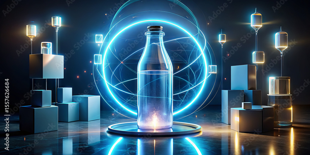 Poster a captivating setting in a modern laboratory displays a glowing bottle on a circular pedestal, surro