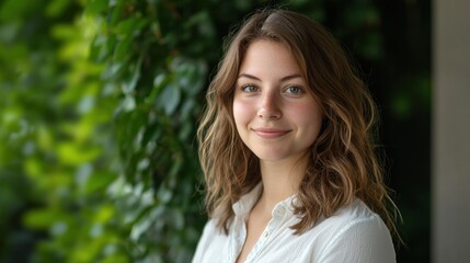 Naklejka premium A young woman with shoulder-length brown hair, wearing a white blouse, standing in front of a green plant with a blurred background.