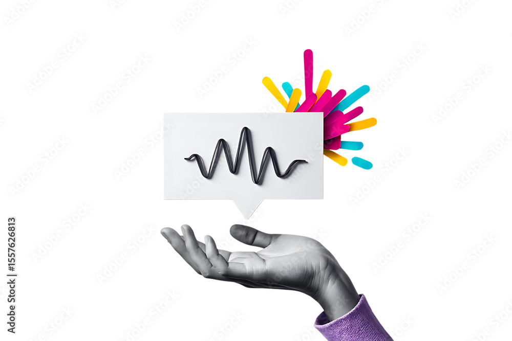 Aufkleber hand holding speech bubble with sound wave and colorful explosion isolated on a transparent backgrou