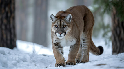 Cougar walking through snowy forest