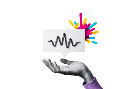 Hand holding speech bubble with sound wave and colorful explosion isolated on a transparent background