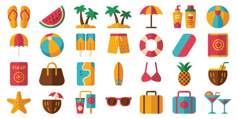 Fototapeta premium Summer beach vacation icon set with 24 colorful flat style symbols and signs