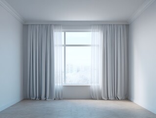 Obraz premium A room with a window and white curtains. The curtains are open and the window is clear. The room is empty and has a white wall