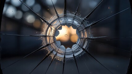 Abstract broken glass window with a circular hole revealing a blurred background