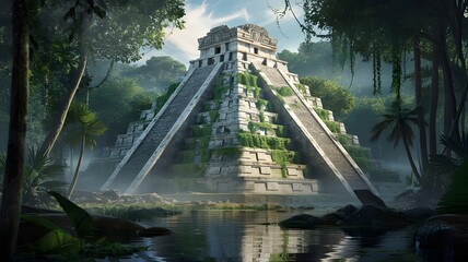 Ancient mayan pyramid temple in lush jungle surrounded by water and trees