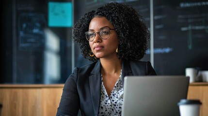 A woman with curly hair wearing glasses, sitting at a desk with a laptop and a cup of coffee.