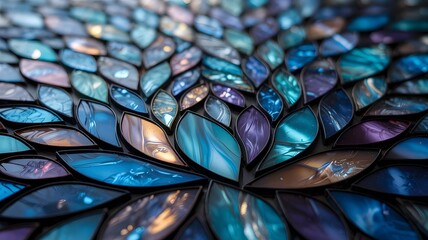 Beautiful abstract mosaic of multicolored leaf shapes with iridescent glass textures
