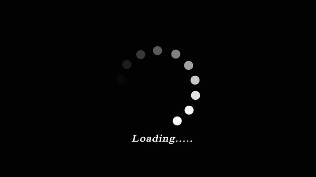 Dots, circle and animation icon for loading with waiting, slow connection and problem for online glitch. Sign, indicator and action for download progress with internet error by black background.