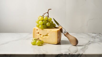 Fresh cheese grapes and cheese knife arrangement on marble surface with elegant lighting
