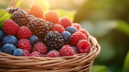Closeup of a Wicker Basket Filled with Fresh Raspberries Blackberries and Blueberries in Sunlight