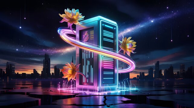 Futuristic server room with neon lights and flowers amidst a cityscape at night - Powered by Adobe