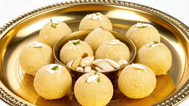 Festive Indian sweets, Besan Laddu or Motichoor Laddu, arranged on a decorative golden tray with almond slivers for garnish, delicious treat