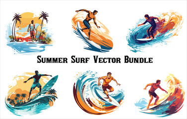 Obraz premium Summer holidays, Travel, Surfing, Beach, Labels and Badges , Surfing the tube, Surfers characters. People on boards dissect sea and ocean waves, beach sport, extreme athletes, profession and hobby,