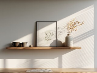 A shelf with a vase and a picture of a leaf. The shelf is made of wood