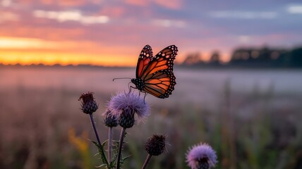 Monarch butterfly resting on purple thistle flowers at golden hour sunrise landscape