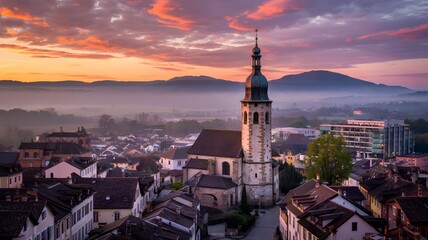 Picturesque european townscape featuring a historic church steeple at sunrise with dramatic clouds