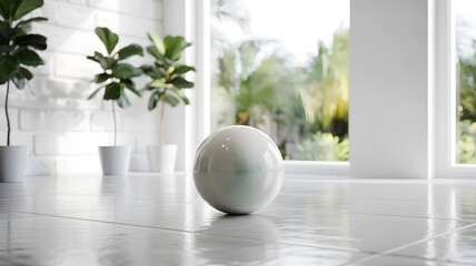Realistic rendering of a white sphere and potted plants in a bright room