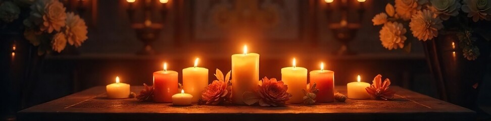 Glowing Candles Create Mystical Atmosphere on Altar in Dark Room; Perfect for Meditation, Ritual, and Spiritual Concepts