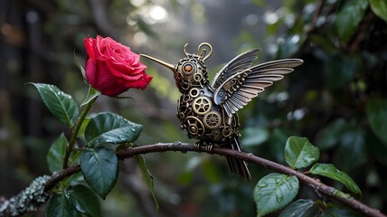 Steampunk hummingbird perched on a branch beside a crimson rose in a lush garden setting