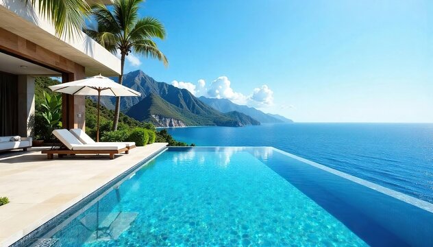 Panoramic View of a Luxurious Infinity Pool Seamlessly Blending with the Pacific Ocean, Offering a Tranquil and Breathtaking Escape in a Sun-Drenched Paradise.