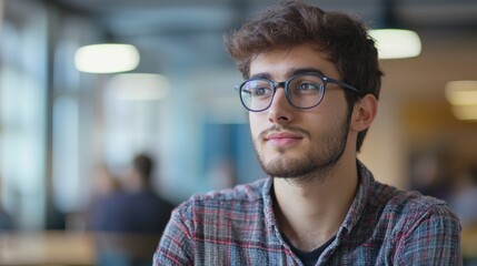 Fototapeta premium A young man wearing glasses, sitting in a modern office with large windows and natural light, looking contemplative.