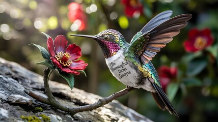 Vibrant hummingbird perched on a branch beside a delicate red flower in nature