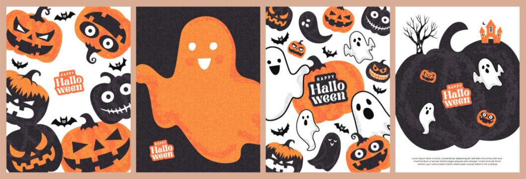 Happy Halloween holiday posters with trendy vector illustration with hand-drawn pumpkins, ghosts, bats. Cartoon Halloween template set for decoration, cover, poster, gift card, social media, event.