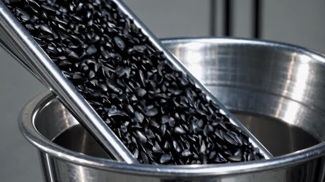 Black granules cascading through metal chute into stainless steel container, illustrating industrial manufacturing workflow and material transfer precision