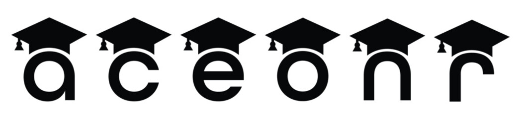 Stylized educational typography featuring lowercase and uppercase letters topped with academic graduation caps, symbolizing modern learning and creative academic design, letter a, s, c, g, o, q, n, m