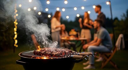 Evening BBQ Gathering Friends, Food, and Festive Lights